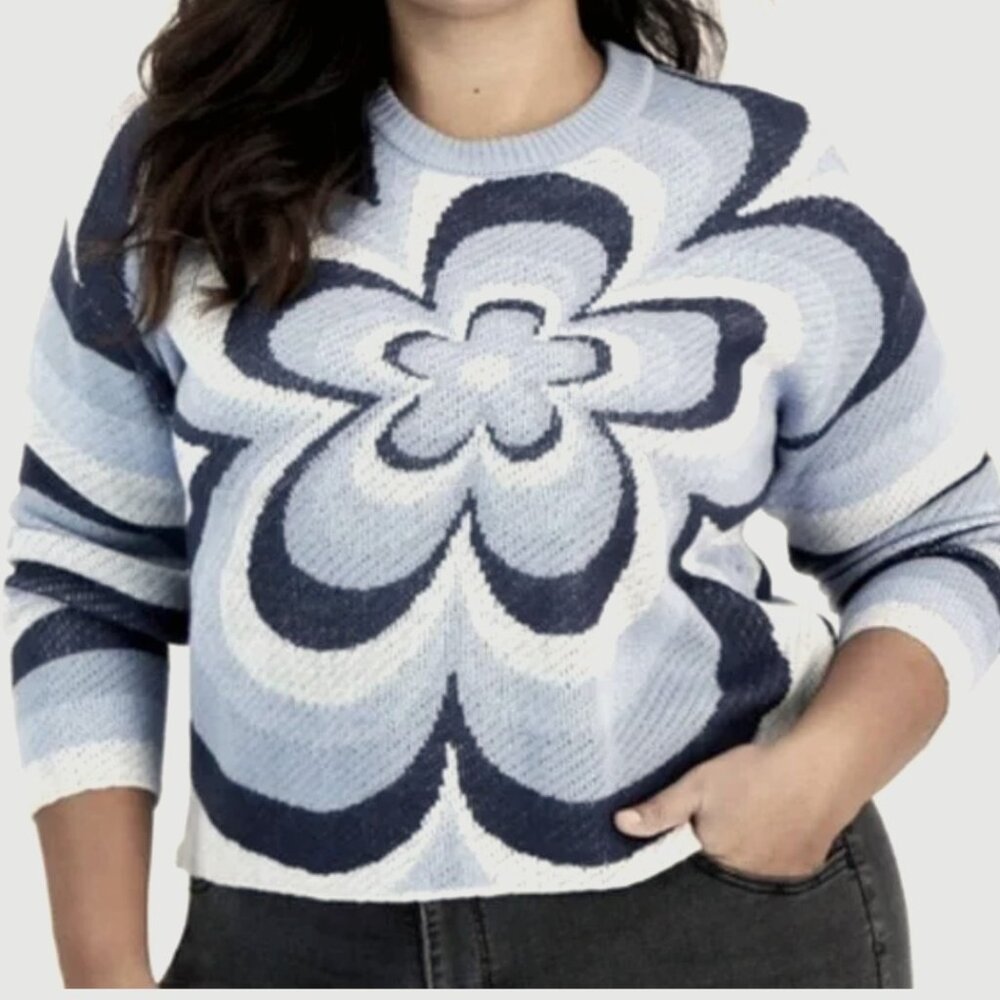 NEW! Just Polly Knit Sweater Blue & White‎ $49 Plus 4X Stripes Abstract Flower
